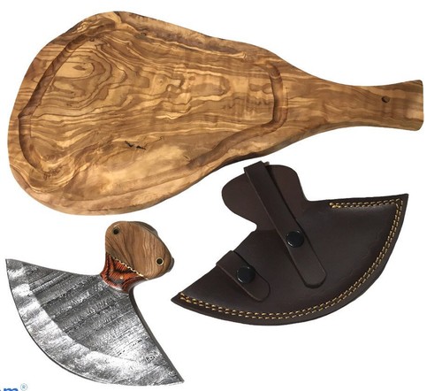 Large Size Wood Handle Ulu Knife 7" Damascus Blade w/ Leather Sheath & Handcraf - Picture 2 of 10