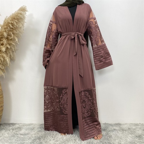 Open Kimono Abaya Lace Cardigan Maxi Dress Dubai Kaftan Dress Arab Robe Party - Picture 7 of 54