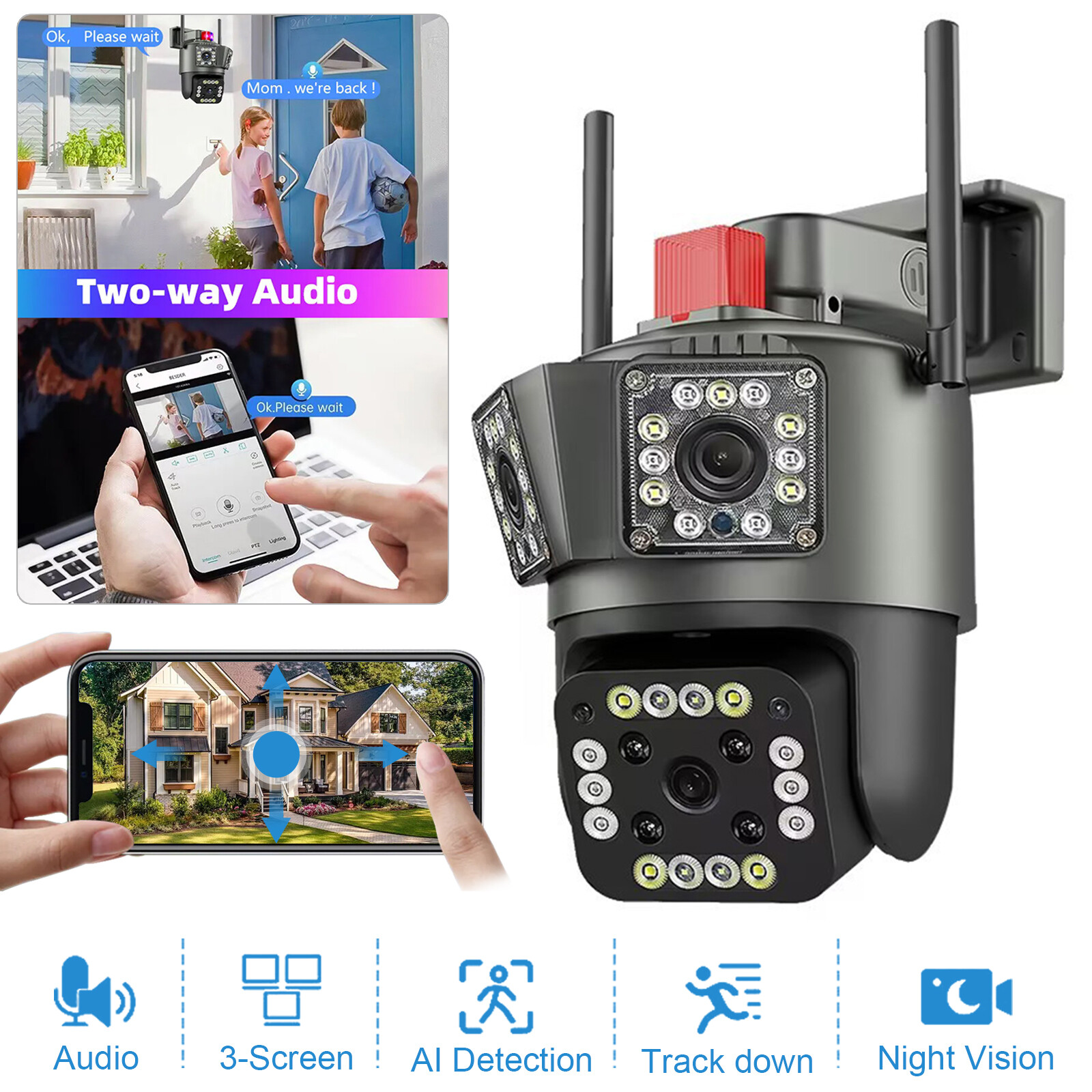 Security Camera Wireless Outdoor WiFi Camera 3Lenses HD Night Vision Wide Angle-image