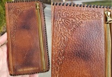 vintage hand tooled GENUINE LEATHER men's wallet letter case billfold zip NICE!