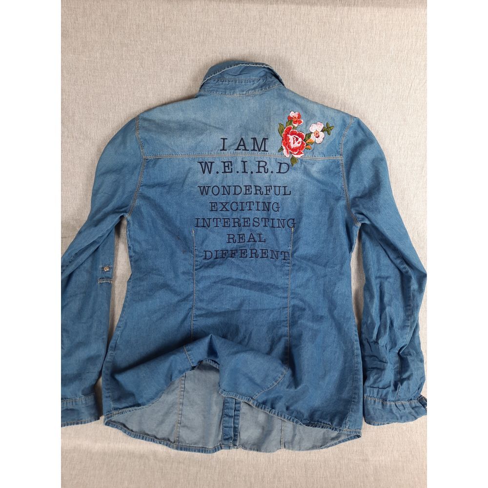 Stradivarius Men Large Embroidery Art Chambray Pear Snap Button Shirt LongSleeve image 7