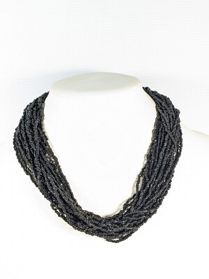 Black Glass Bead Multi Strand Crochet Tribal Style Statement Necklace 20 inches