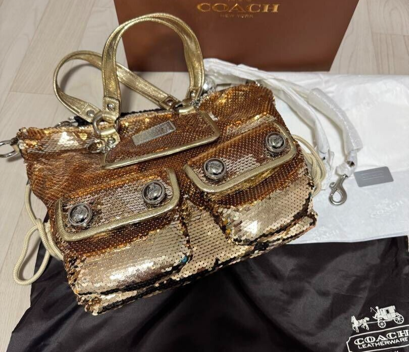 Coach Poppy Limited Edition Gold Sequin Spotlight Shoulder Tote Bag 2way W/Strap