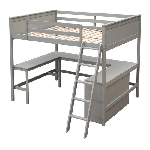 Modern Full size Loft Bed Frame With Desk +Storage Shelves Bookcase Wooden Gray - Picture 7 of 9