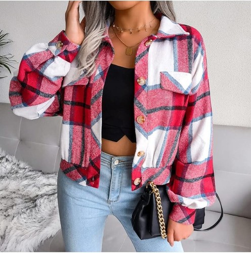 Women's M Red Casual Plaid Long Sleeve Wool Blend Shacket Button Down Shirt Jack - Picture 2 of 8