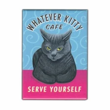 Retro Pets Magnet, Whatever Kitty Cafe, Grey Cat, Advertising Art, 2.5" x 3.5"