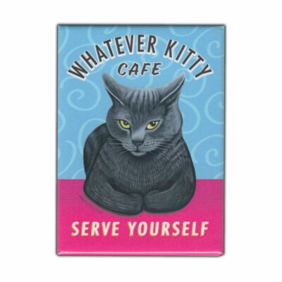 Retro Pets Magnet, Whatever Kitty Cafe, Grey Cat, Advertising Art, 2.5'' x 3.5''