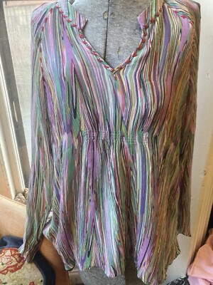 Sundance 100% Silk Watercolor Striped Rainbow Top Blouse Art To Wear Boho Hippie