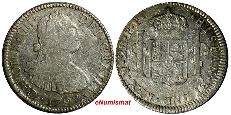 BOLIVIA Charles IIII Silver 1797 PTS PP  2 Reales XF KM# 71 (14 309)