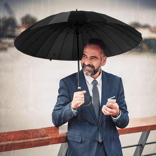 X\Large Black Umbrella 16 Rib Classic Auto Open Golf Events Rain Sun Protection - Picture 4 of 17