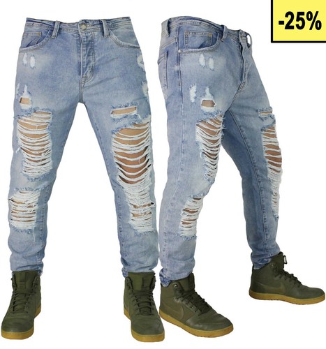 Jeans Uomo Denim strappati sfilacciati pantaloni regolare slim colore cielo  1255 | eBay