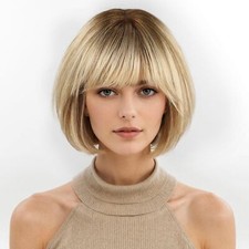 Ombre Blonde Wigs Human Hair for Women Short Bob Wigs with Bangs