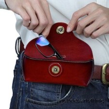 Vintage Genuine Leather Glasses Case with Belt Loop Eyeglasses Semi Hard Shell