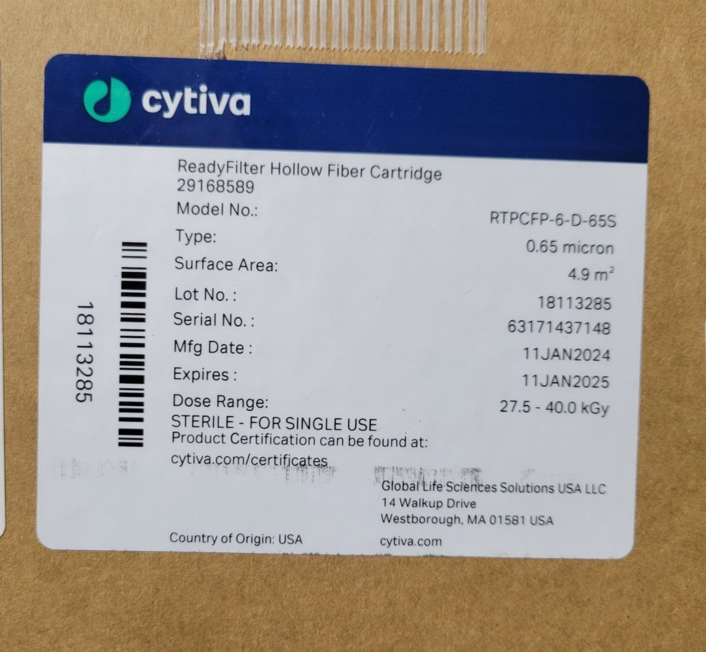 Cytiva  RTPCFP-6-D-65S ReadyFilter Hollow Fiber Cartridge, 0.65 µm
