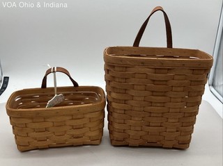Longaberger Handwoven Hanging Basket Lot of 2 Vintage 1990 1996 Wood Leather