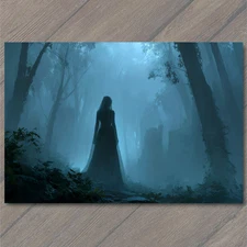Art Print Veiled Woman Forest Fog Gothic Haunting Silhouette Blue Misty Trees Sp