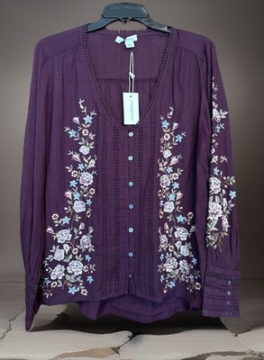 Sundance Beautiful Plum Purple Embroidered  Flowers TOP Peasant Boho Sz L NWT