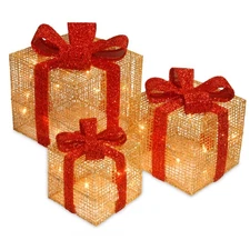 Pre-Lit Gold Gift Boxes, Set of Three, 35 White Lights, Plug-In