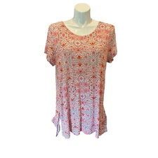 Cynthia Rowley Women’s Plus 1X Orange Floral Short Sleeve Pullover Shirt Top