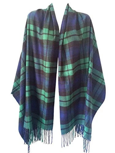 Women Oversized Scottish Clan Tartan Plaid Cashmere Feel Shawl Green Tartan