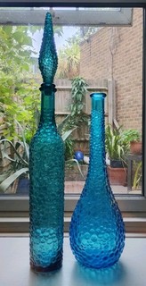 TWO MCM RETRO EMPOLI 8TALIAN BLUE GLASS GENIE BOTTLE DECANTERS