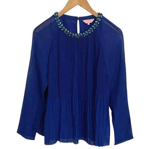 Ted Baker blaue transparente plissierte Bluse mit Schmuckverzierung Damengröße 3 Old Money "