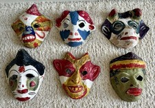 Lot Of 6 Vtg. Halloween Handmade  Painted Paper Mache Mask Folk Art Made Mexico