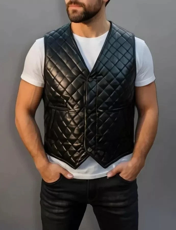 MEN' GENUINE LAMB LEATHER VEST LAMB LEATHER FRONT & BACK QUILTED WAISTCOAT