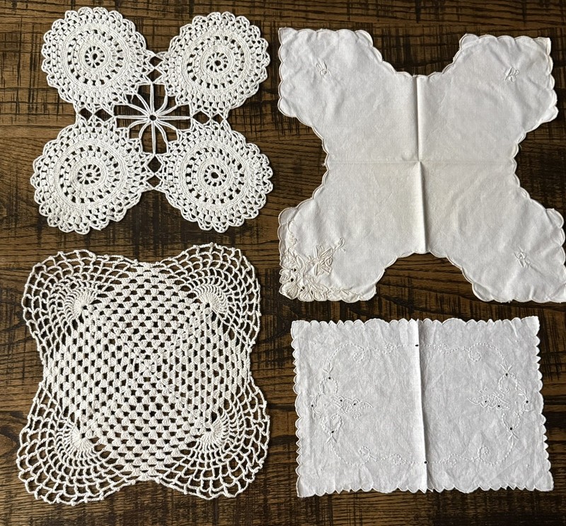 4 Pieces Vintage Doilies/Bread Basket Liner--Handmade, Crocheted, Embroidered