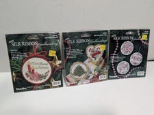Lot 3 Bucilla Silk Ribbon Embroidery Kit Christmas Flowers Ornament Wreaths New