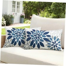 Floral Outdoor Pillow Covers Waterproof 20" x 12" Pack of 2 Dark Blue Grey