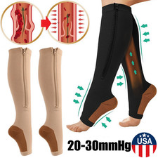 Zipper Compression Socks Open Toe 20-30mmHg Support Stocking Leg Calf Stockings