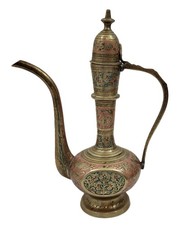 Indian brass ewer Vintage Indian Etched Brass Aftaba Ewer Pitcher with Hinged Lid — listing 4