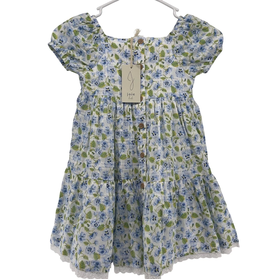 NUEVO Vestido Floral Joie Niños Niñas En Niveles Volantes Dobladillo Cottagecore Azul Verde Talla 5 Foto 2 de 4