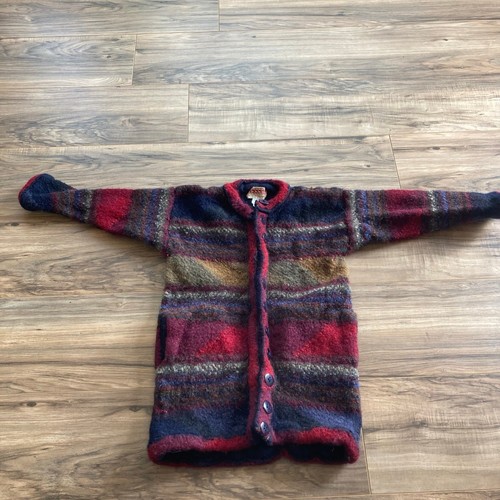 Paititi Woolen Alpaca Wool Cardigan Kids M Red Blue Alaska Handmade Bolivia FLAW - Picture 2 of 11