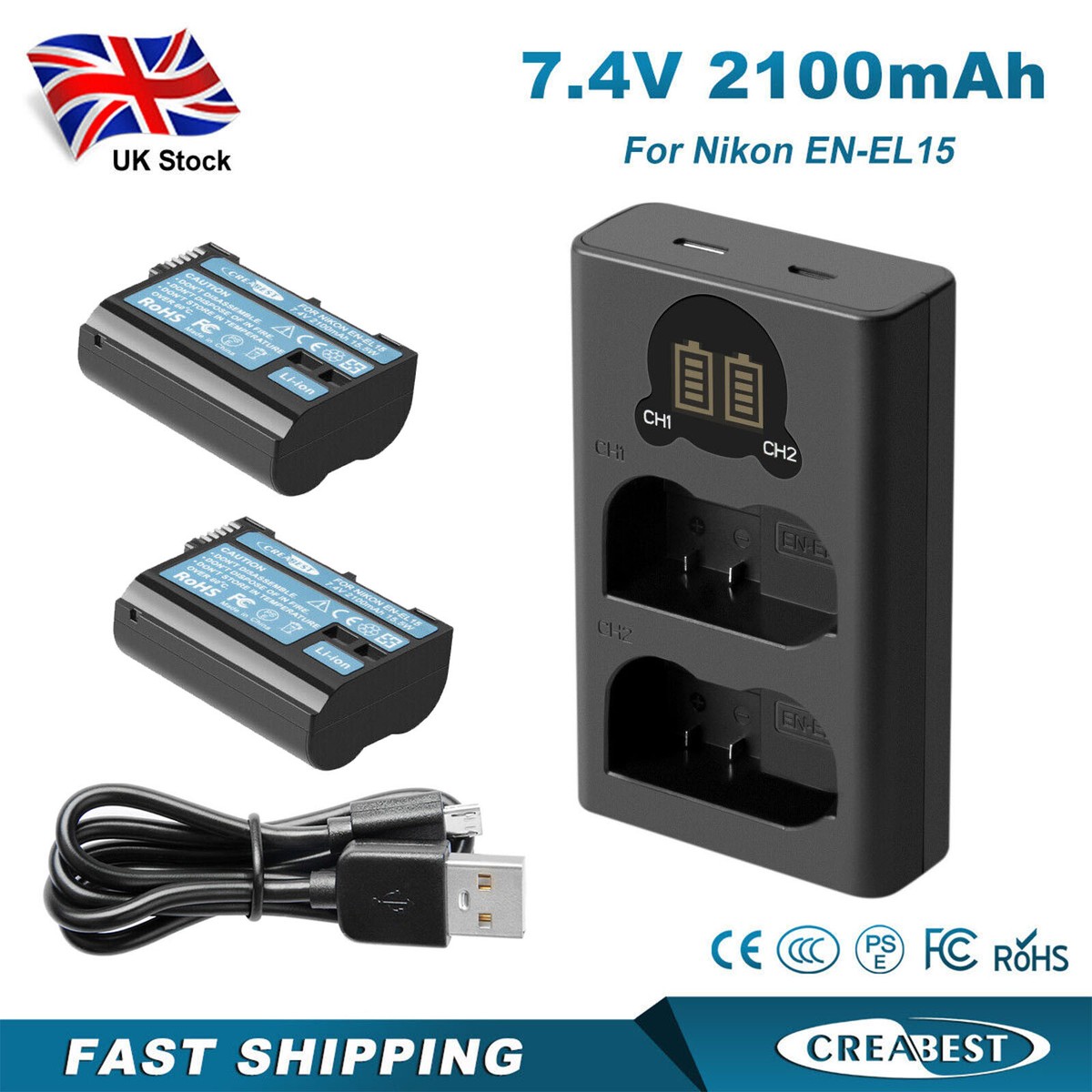 Vivitar EN-EL15 Battery (2-Pack) & Rapid Charger For Nikon D7500, D500, And More