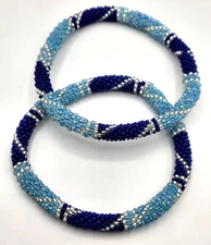 Set of 2 Handmade Beaded Bracelet Nepal Glass Bead Stackable Crochet Bracelets