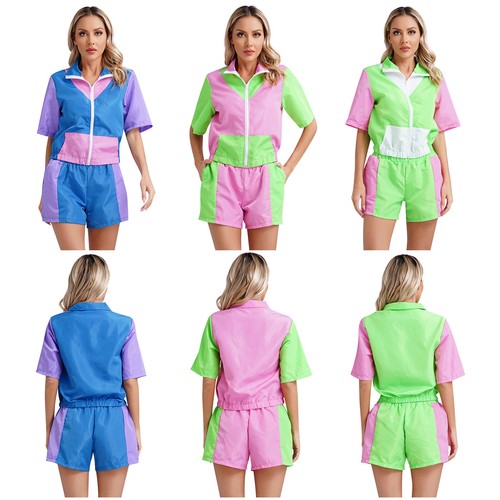 Womens Tracksuit Short Sleeve Shirts Front Zip Sweatshirt Fashion Playsuits Set - Picture 1 of 32