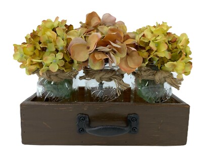 Centerpiece with 3 Mason Jars + 3 Flowers + Handmade Wood Drawer BROWN