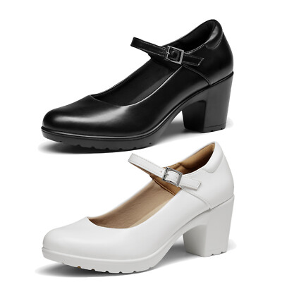 Women's Chunky Low Block Heels Mary Jane Closed Toe Work Pumps