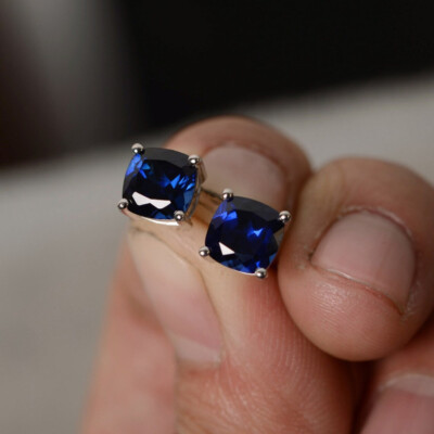 #ad #ad Lab Created Blue Sapphire Cushion 925 Solid Silver Women Designer Stud Earrings $29.99