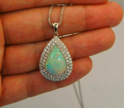 3 Ct Pear Cut Simulated Fire Opal Halo Pendant 14K White Gold Plated Free Chain - Picture 4 of 5