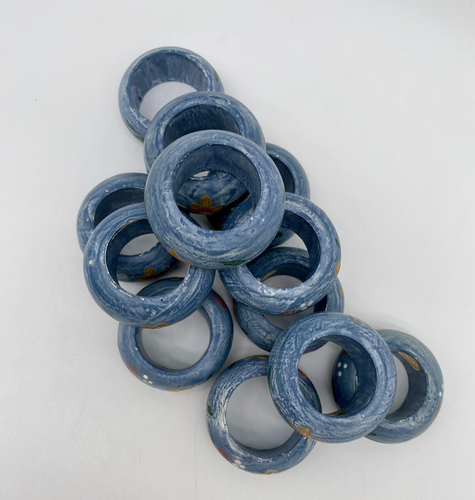 Vintage Set 12 Retro Napkin Rings Hand Painted Pink Blue Floral Granny Cottage - Picture 2 of 7