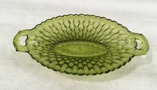 INDIANA GREEN GLASS OVAL SERVING BOWL / 2 HANDLED DISH / RELISH PLATE