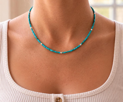 Tiny 2mm Arizona Turquoise Necklace, Sterling Silver Dainty Heishi Choker