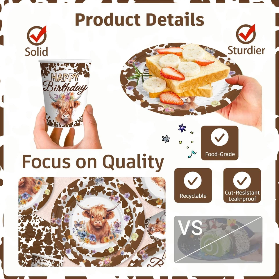 194Pcs коричневый корова день рождения украшения включают коричневый корова тарелки и салфетки комплект, - Изображение 4 из 4