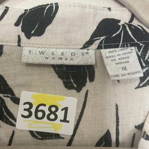 Blusa Tweeds Crema/Negro Floral 100% Lino Manga 3/4 Mujer Talla Grande 1X Coasta Foto 4 de 4