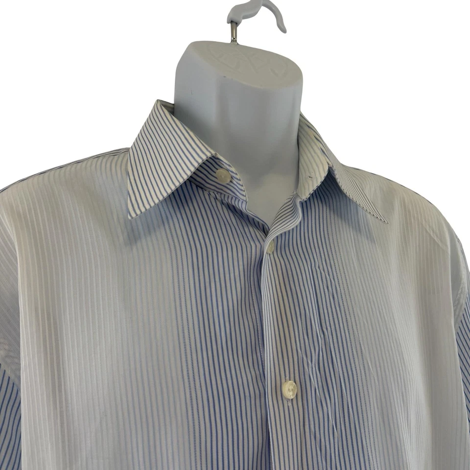 Camisa social Versace masculina 17 43 listra branca azul ajuste empresarial algodão manga longa - Imagem 4 de 4