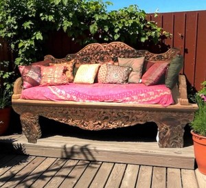 Indonesian Reclaimed Teak Wood Wooden Large Carved Floral Daybed Bench Sofa