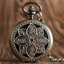 Bronze Hollow Lotus Flower Mechanical Hand Wind Pocket Watch Pendant Chain Gift